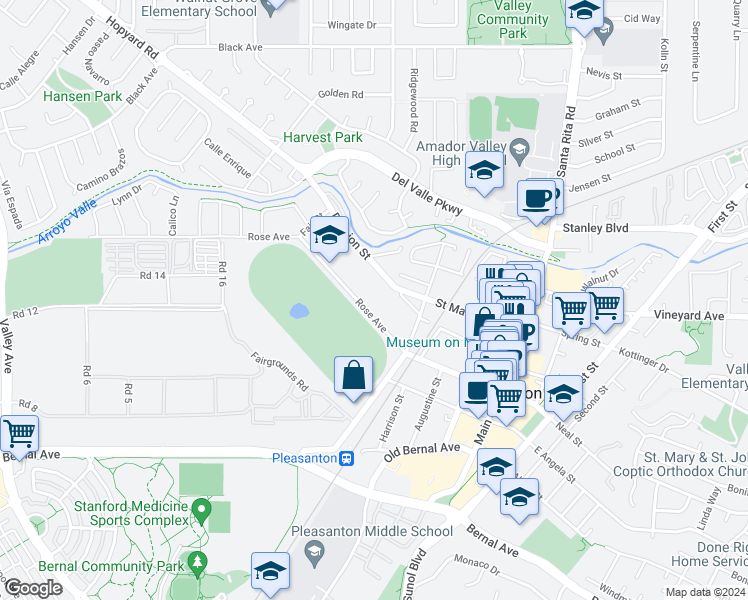 map of restaurants, bars, coffee shops, grocery stores, and more near 741 Rose Avenue in Pleasanton