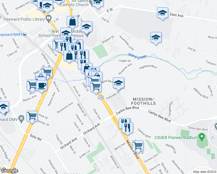 map of restaurants, bars, coffee shops, grocery stores, and more near 24567 Margaret Drive in Hayward