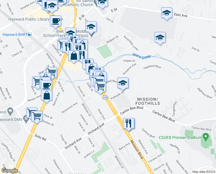map of restaurants, bars, coffee shops, grocery stores, and more near 24518 Mission Boulevard in Hayward