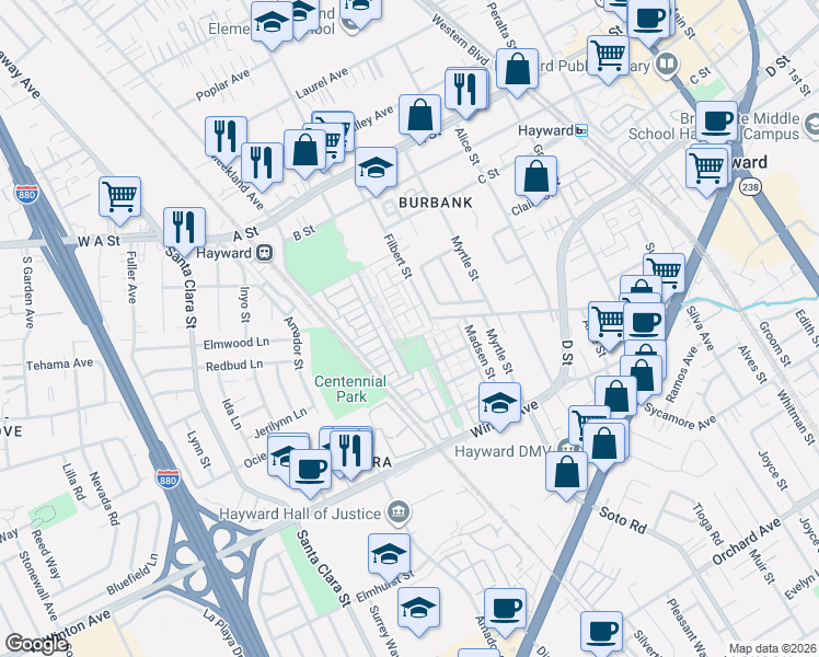 map of restaurants, bars, coffee shops, grocery stores, and more near 2112 Jubilee Drive in Hayward