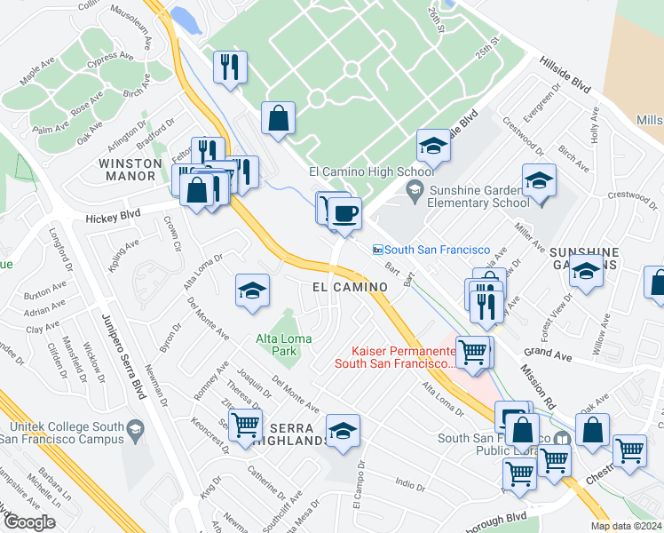 map of restaurants, bars, coffee shops, grocery stores, and more near 30e McLellan Drive in South San Francisco