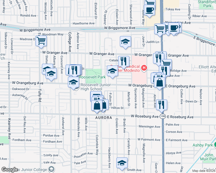 map of restaurants, bars, coffee shops, grocery stores, and more near 636 W Orangeburg Ave in Modesto