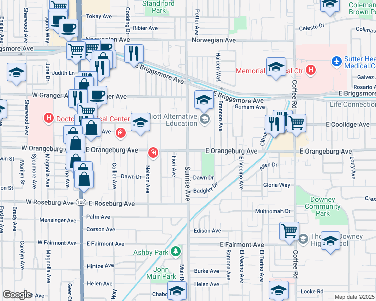 map of restaurants, bars, coffee shops, grocery stores, and more near E Orangeburg Ave & Sunrise Ave in Modesto