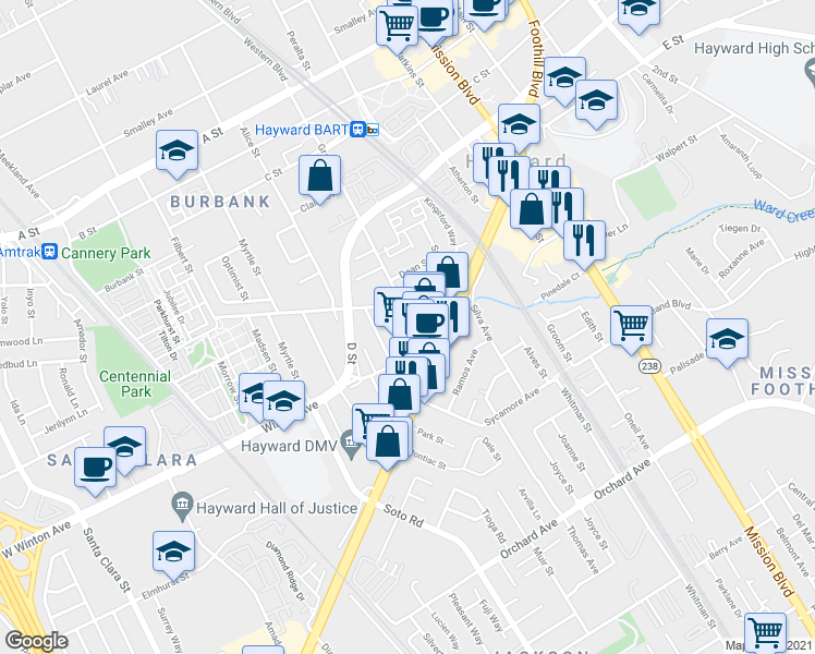 map of restaurants, bars, coffee shops, grocery stores, and more near 24039 Grand Street in Hayward