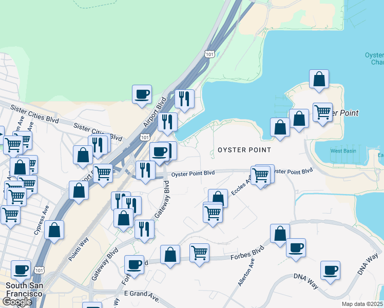 map of restaurants, bars, coffee shops, grocery stores, and more near 171 Oyster Point Boulevard in South San Francisco
