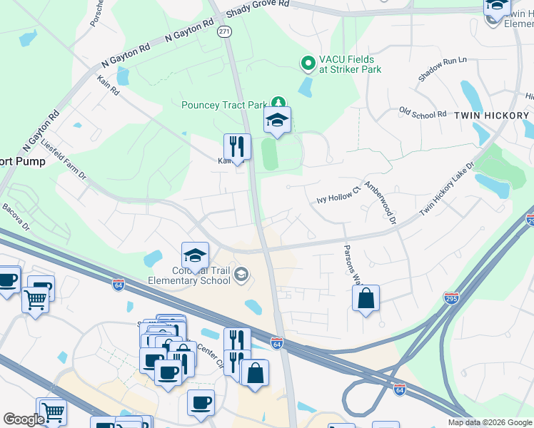 map of restaurants, bars, coffee shops, grocery stores, and more near 4647 Pouncey Tract Road in Glen Allen