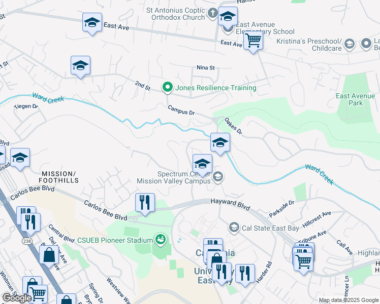 map of restaurants, bars, coffee shops, grocery stores, and more near 25401 University Court in Hayward