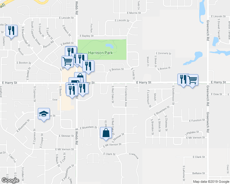 map of restaurants, bars, coffee shops, grocery stores, and more near 1638 South Red Oaks Street in Wichita