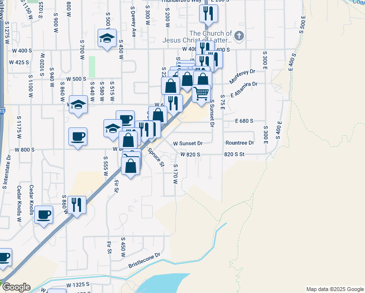 map of restaurants, bars, coffee shops, grocery stores, and more near 130 W Sunset Dr in Cedar City