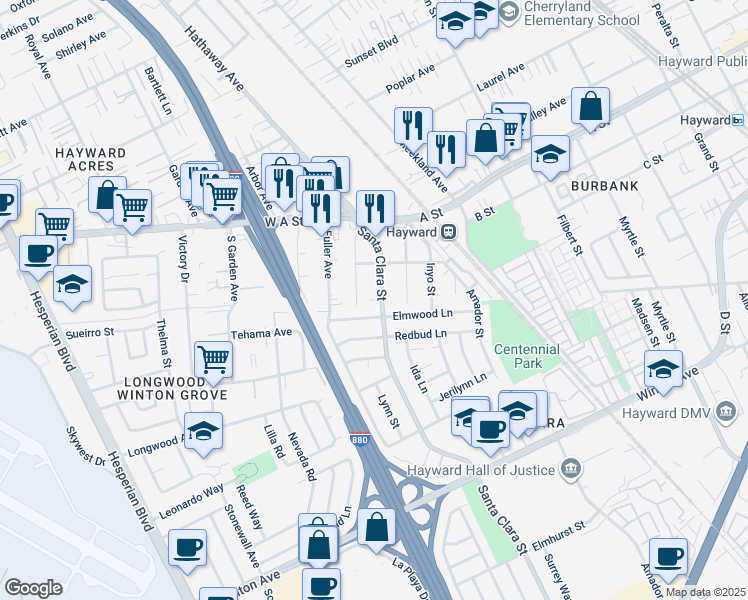 map of restaurants, bars, coffee shops, grocery stores, and more near 22685 Santa Clara Street in Hayward