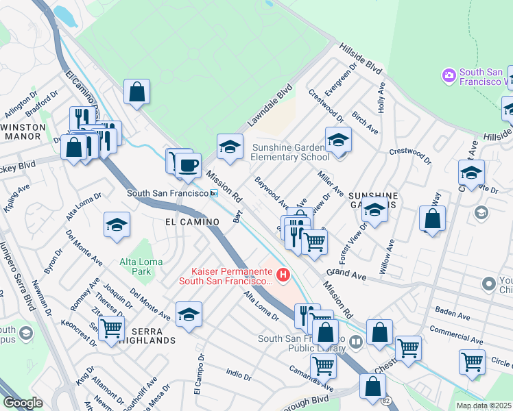 map of restaurants, bars, coffee shops, grocery stores, and more near 1264 Edmonson Way in South San Francisco