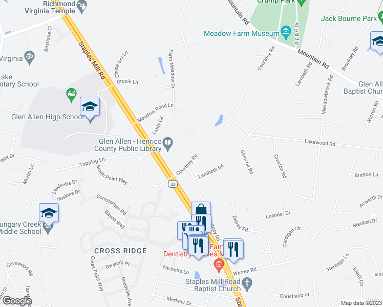 map of restaurants, bars, coffee shops, grocery stores, and more near 10516 Courtney Road in Glen Allen