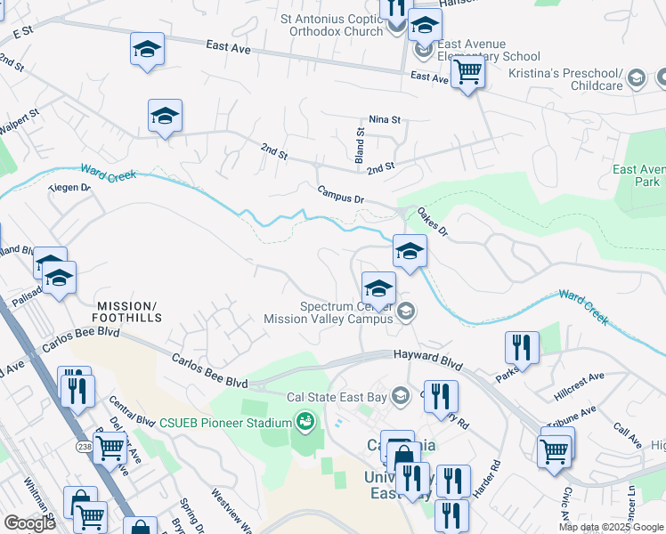 map of restaurants, bars, coffee shops, grocery stores, and more near 25340 Morse Court in Hayward