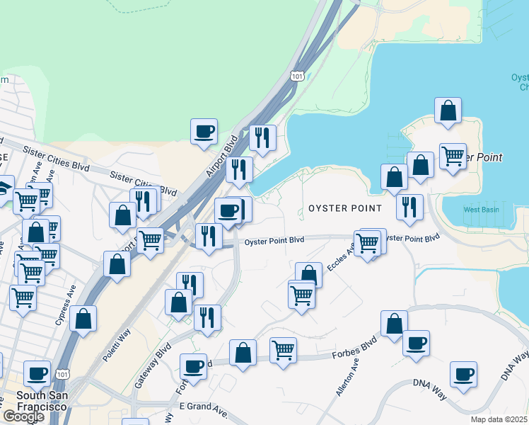 map of restaurants, bars, coffee shops, grocery stores, and more near 151 Oyster Point Boulevard in South San Francisco