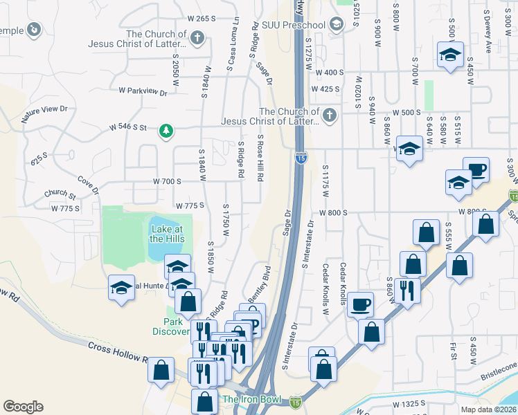 map of restaurants, bars, coffee shops, grocery stores, and more near 1523 West 775 South in Cedar City