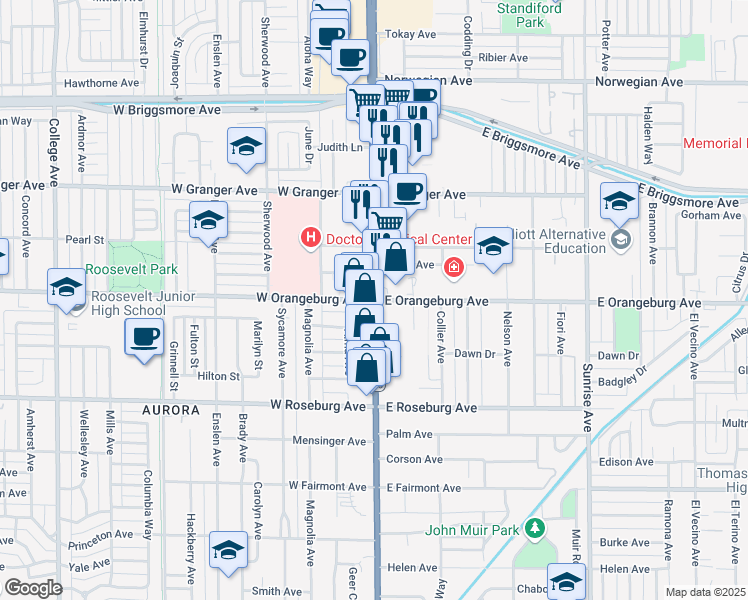map of restaurants, bars, coffee shops, grocery stores, and more near McHenry Ave & E Orangeburg Ave in Modesto