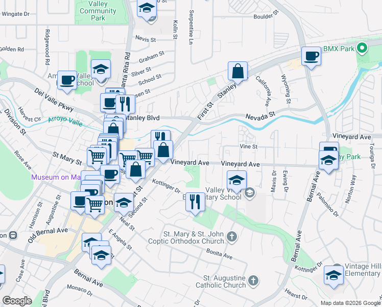 map of restaurants, bars, coffee shops, grocery stores, and more near 4067 Vineyard Avenue in Pleasanton