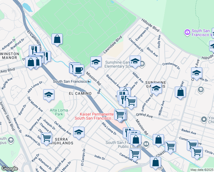 map of restaurants, bars, coffee shops, grocery stores, and more near 1264 Edmonson Way in South San Francisco
