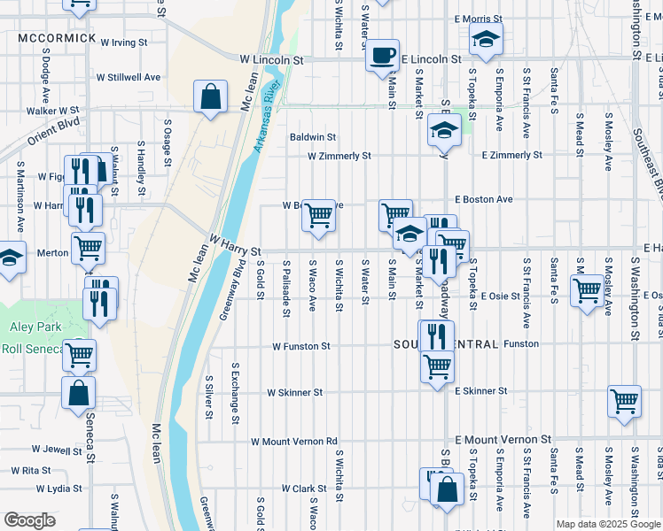 map of restaurants, bars, coffee shops, grocery stores, and more near 1615 South Wichita Street in Wichita