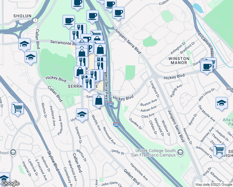 map of restaurants, bars, coffee shops, grocery stores, and more near 410 Hickey Boulevard in Daly City