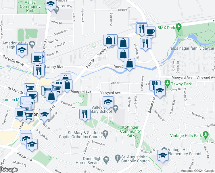 map of restaurants, bars, coffee shops, grocery stores, and more near 282 Birch Creek Drive in Pleasanton