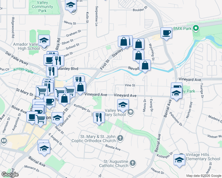 map of restaurants, bars, coffee shops, grocery stores, and more near 3955 Vineyard Avenue in Pleasanton