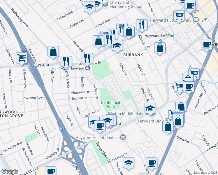 map of restaurants, bars, coffee shops, grocery stores, and more near 320 Williams Way in Hayward