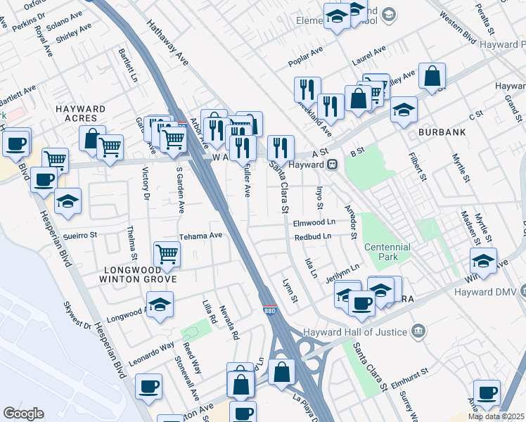 map of restaurants, bars, coffee shops, grocery stores, and more near 22696 Sonoma Street in Hayward