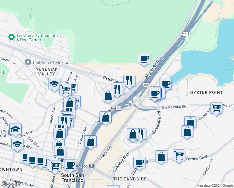 map of restaurants, bars, coffee shops, grocery stores, and more near Gardiner Avenue in South San Francisco