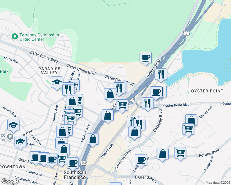 map of restaurants, bars, coffee shops, grocery stores, and more near 7 Butler Avenue in South San Francisco