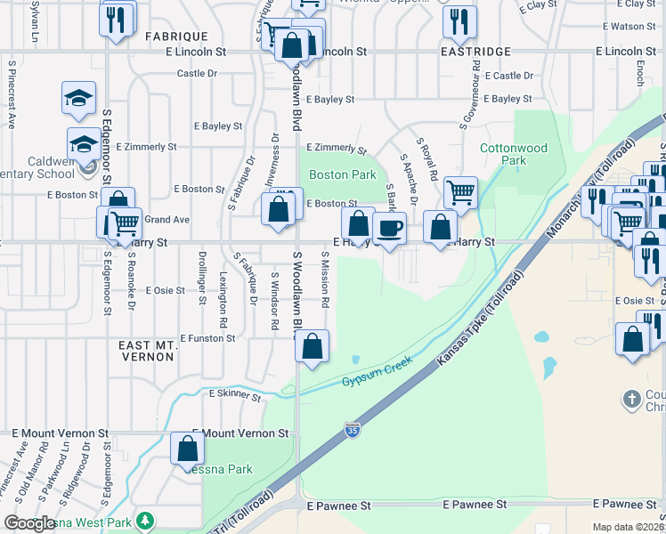 map of restaurants, bars, coffee shops, grocery stores, and more near 1636 S Mission Rd in Wichita