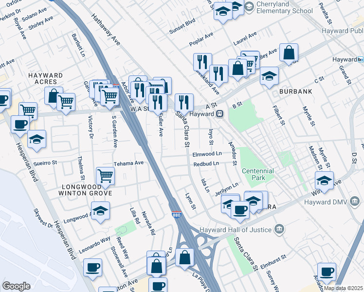 map of restaurants, bars, coffee shops, grocery stores, and more near 22685 Santa Clara Street in Hayward