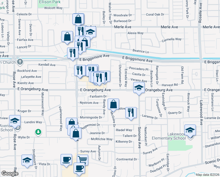 map of restaurants, bars, coffee shops, grocery stores, and more near 2403 East Orangeburg Avenue in Modesto