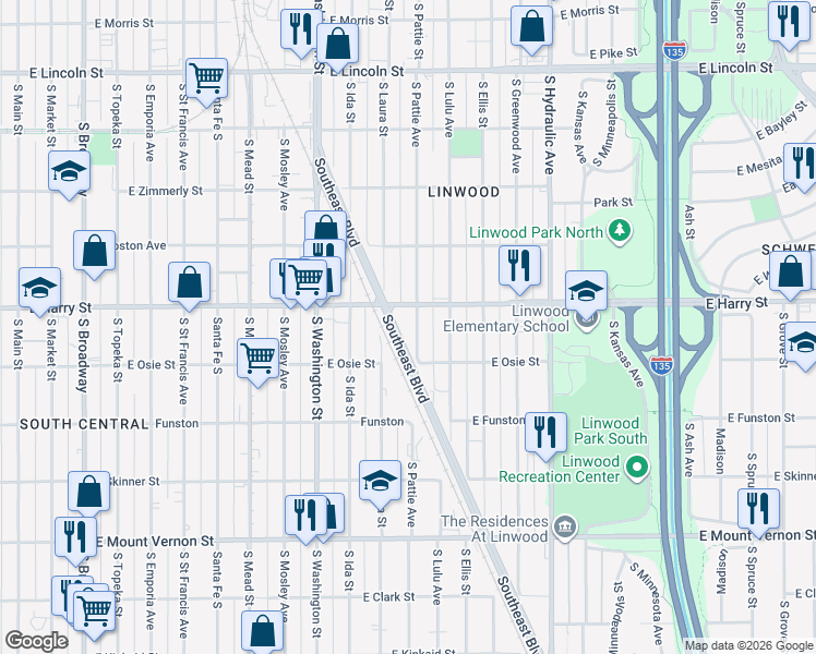 map of restaurants, bars, coffee shops, grocery stores, and more near 1612-1666 Southeast Boulevard in Wichita