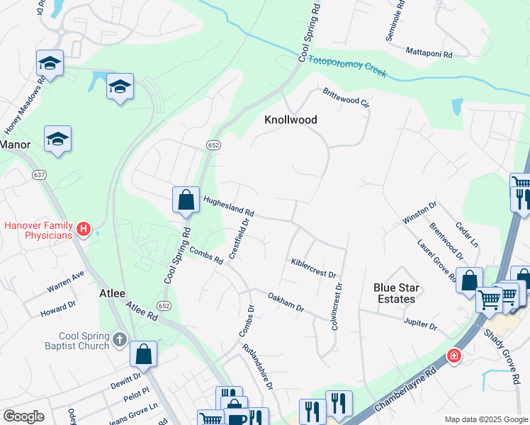 map of restaurants, bars, coffee shops, grocery stores, and more near 8778 Hughesland Road in Mechanicsville