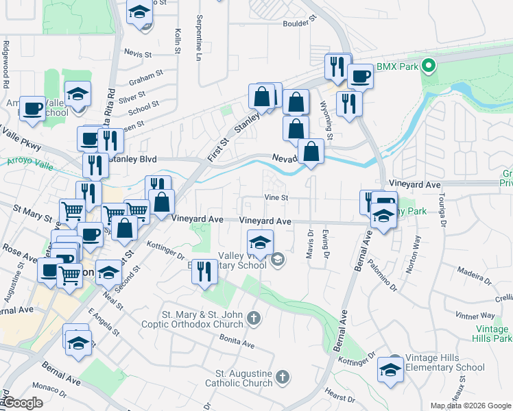 map of restaurants, bars, coffee shops, grocery stores, and more near 282 Birch Creek Drive in Pleasanton