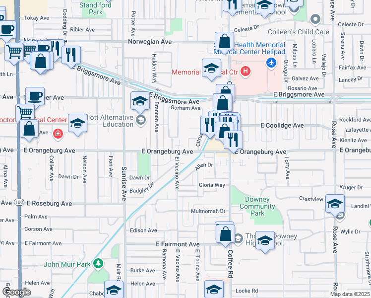 map of restaurants, bars, coffee shops, grocery stores, and more near 1101 Citrus Court in Modesto