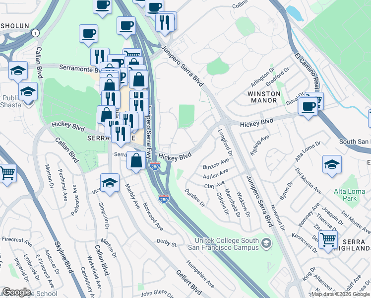 map of restaurants, bars, coffee shops, grocery stores, and more near 397 Imperial Way in Daly City