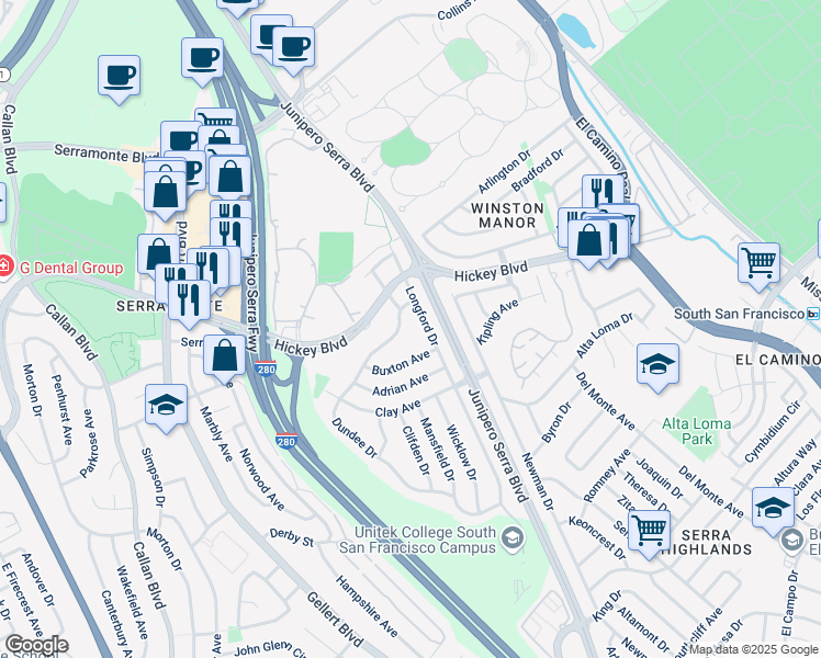 map of restaurants, bars, coffee shops, grocery stores, and more near 117 Dundee Drive in South San Francisco