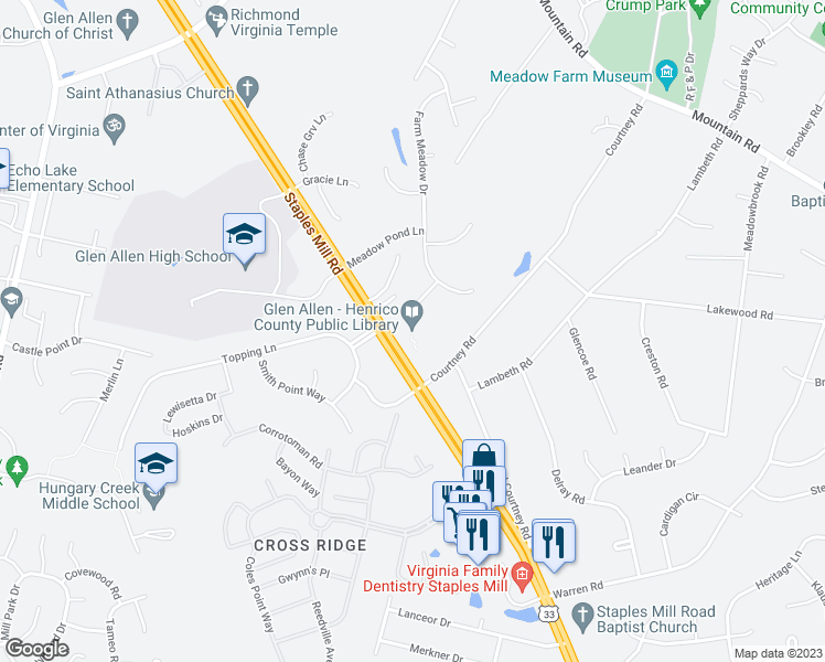 map of restaurants, bars, coffee shops, grocery stores, and more near 10501 Staples Mill Road in Glen Allen