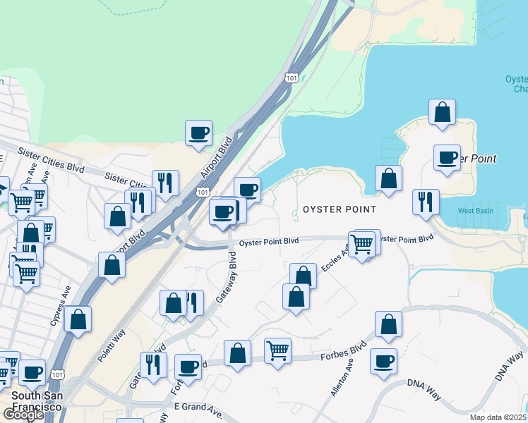 map of restaurants, bars, coffee shops, grocery stores, and more near 171 Oyster Point Boulevard in South San Francisco