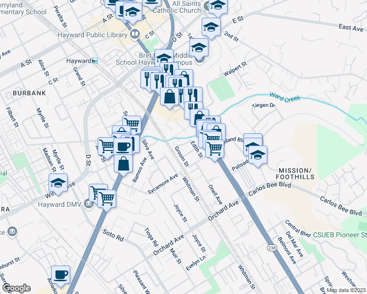 map of restaurants, bars, coffee shops, grocery stores, and more near 735 Lilly Avenue in Hayward