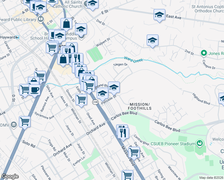 map of restaurants, bars, coffee shops, grocery stores, and more near 1014 Palisade Street in Hayward