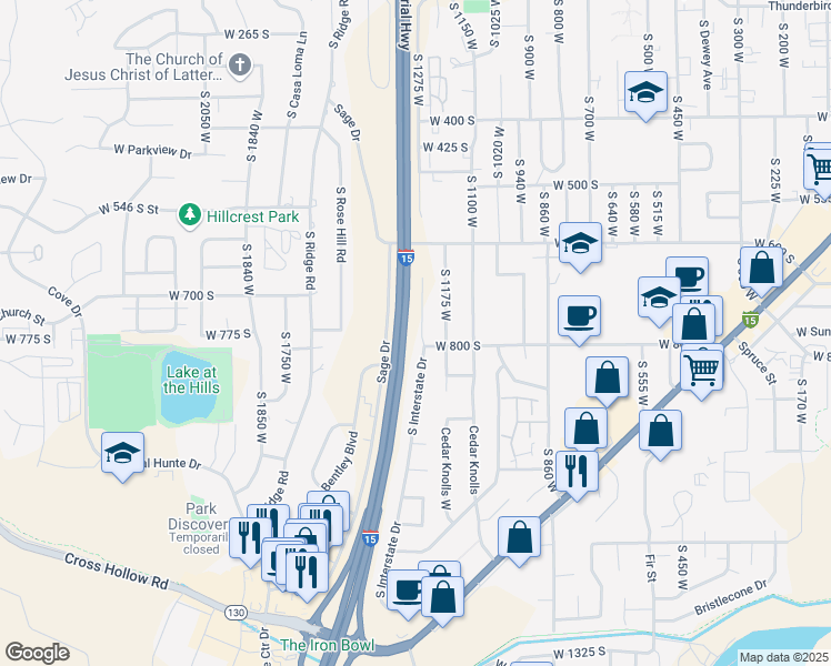 map of restaurants, bars, coffee shops, grocery stores, and more near 802 South Interstate Drive in Cedar City