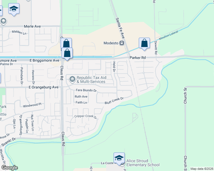 map of restaurants, bars, coffee shops, grocery stores, and more near 4312 East Orangeburg Avenue in Modesto