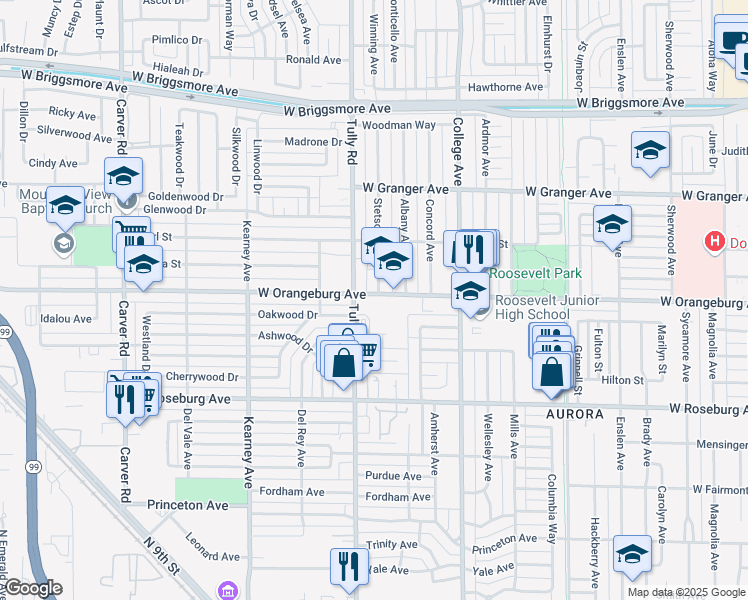 map of restaurants, bars, coffee shops, grocery stores, and more near 1220 West Orangeburg Avenue in Modesto