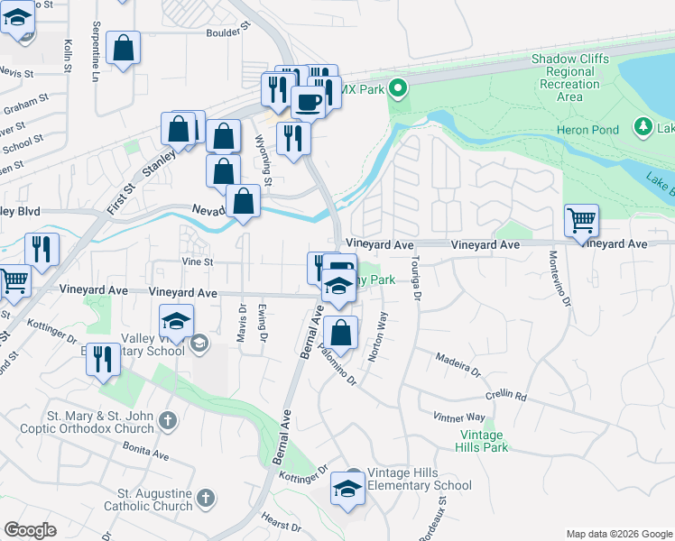 map of restaurants, bars, coffee shops, grocery stores, and more near 3492 Bernal Avenue in Pleasanton