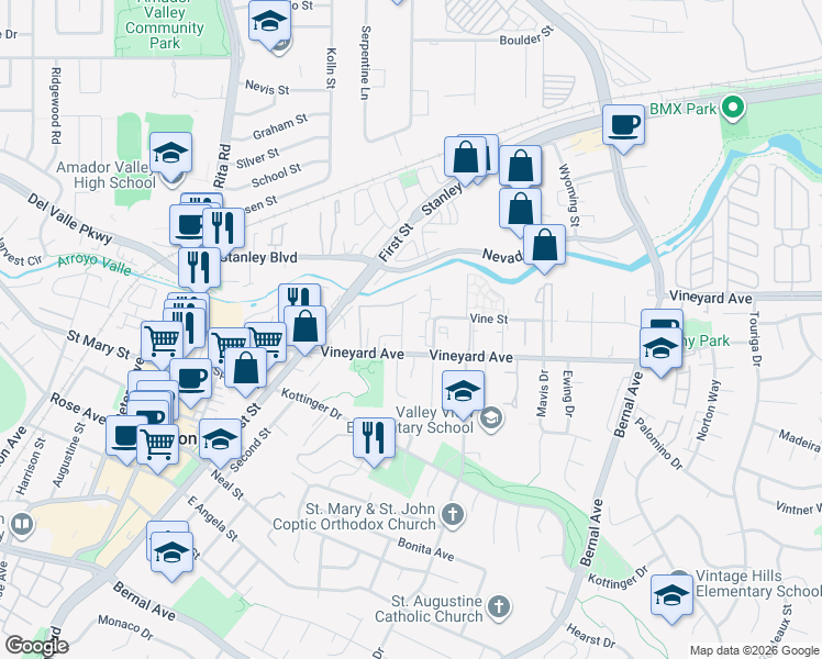 map of restaurants, bars, coffee shops, grocery stores, and more near 3955 Vineyard Avenue in Pleasanton