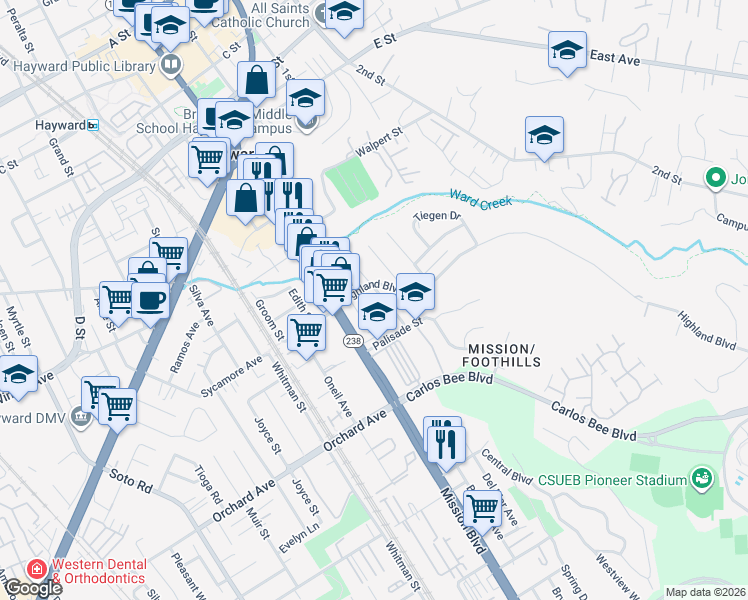 map of restaurants, bars, coffee shops, grocery stores, and more near 24567 Margaret Drive in Hayward