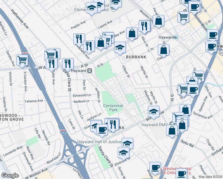 map of restaurants, bars, coffee shops, grocery stores, and more near 320 Williams Way in Hayward